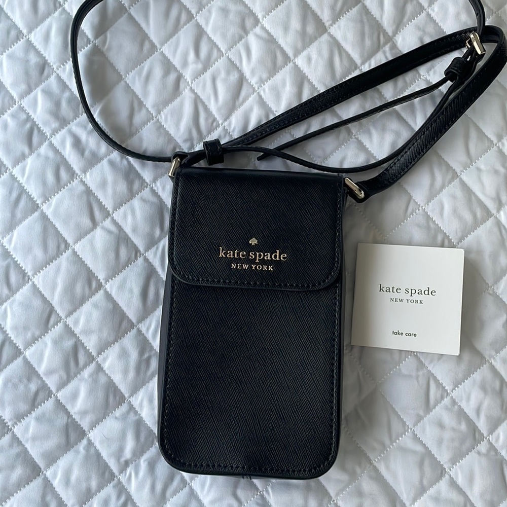 Kate Spade Black Staci Saffiano Leather North South Crossbody Bag.